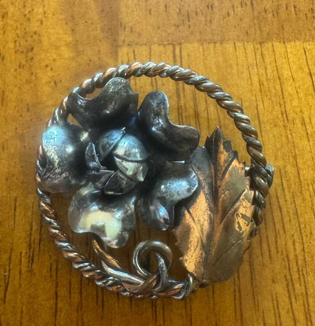 Antique Mixed Metal Sterling Copper Flower Brooch- Mid-20th Century 1940-1960