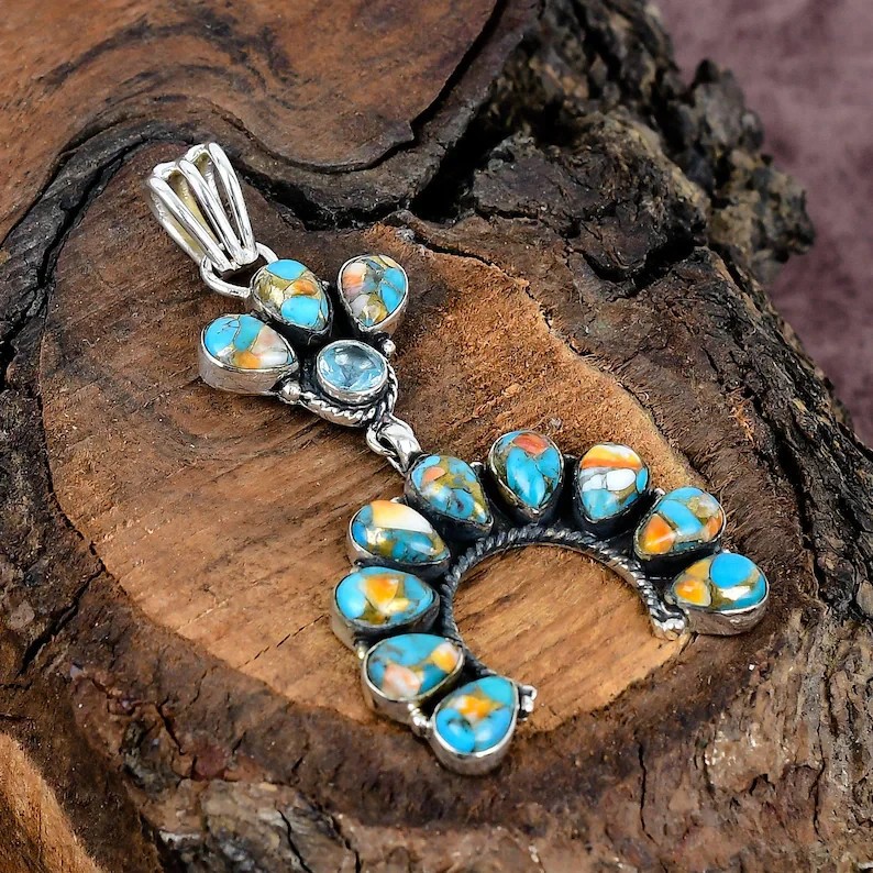 Spiny Oyster Turquoise German Silver 925 Stamped Blue Topaz Pendant
