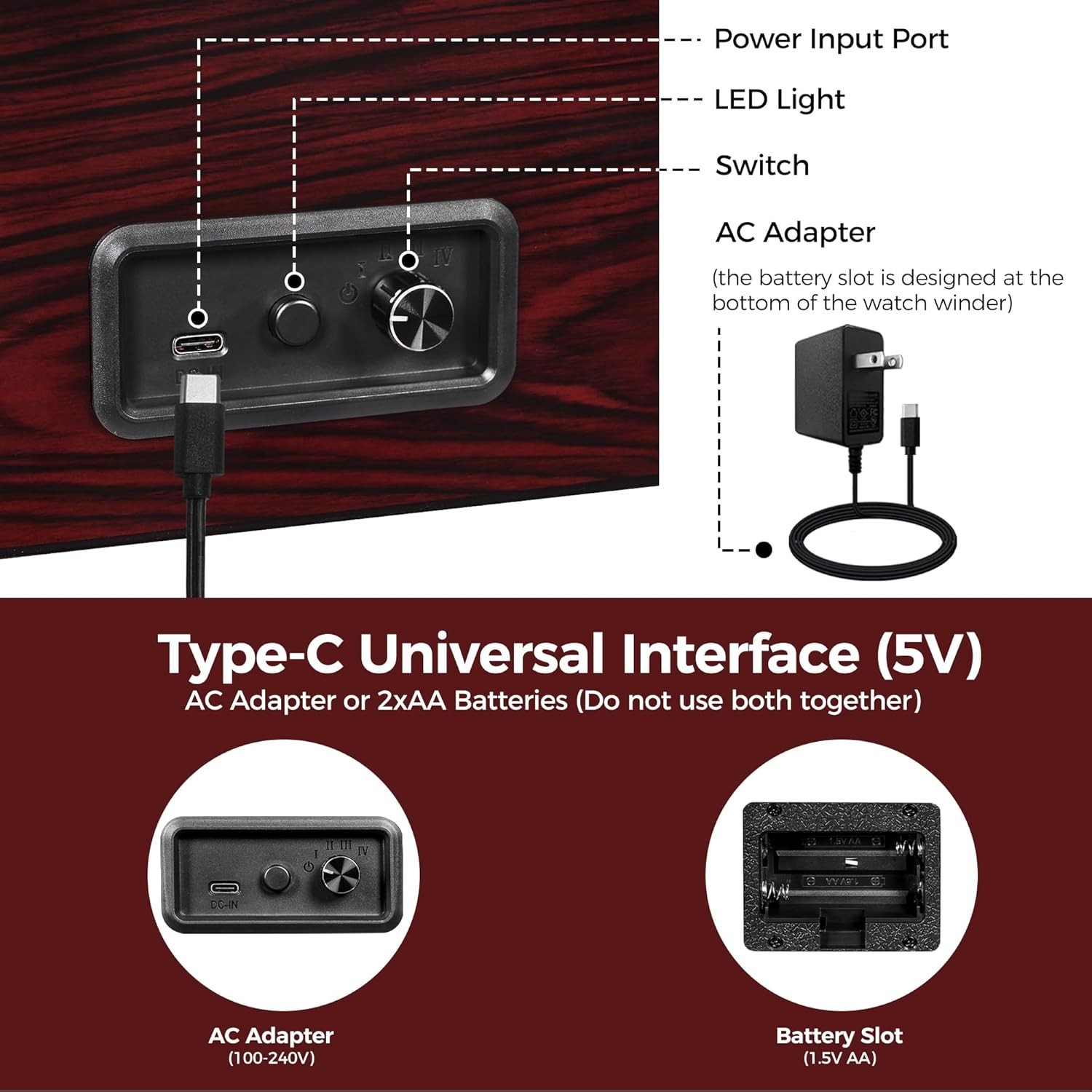Double Watch Winder with Soft Pillows & 5 Rotation Modes, USB & Battery