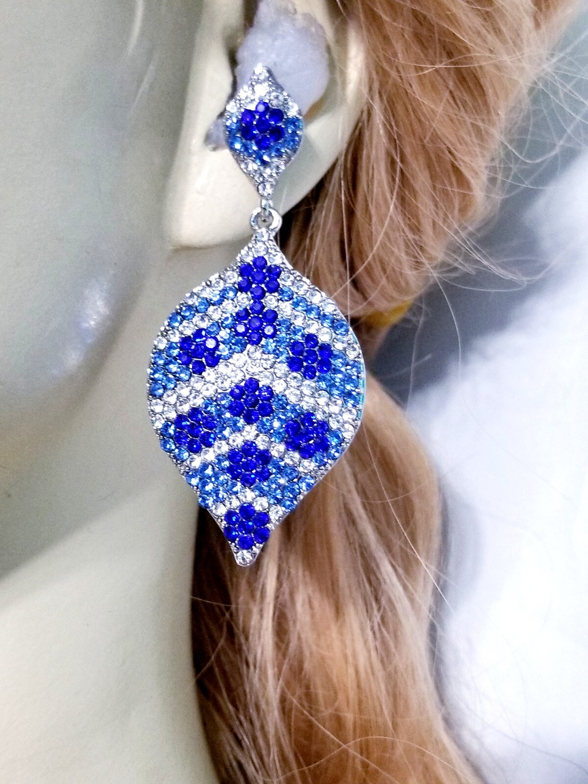 Chandelier Rhinestone Crystal Pageant Bridal Earrings Blue Drop Dangle 2.8 In