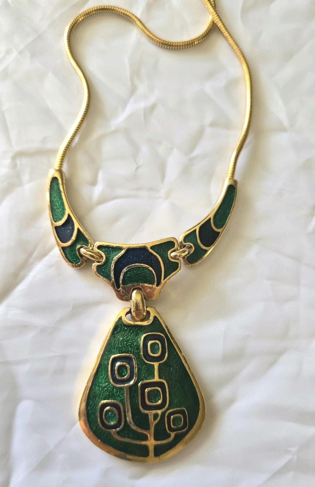 Vintage 1970s Blue & Green Enamel Gold Tone Collar Necklace, made in Thailand