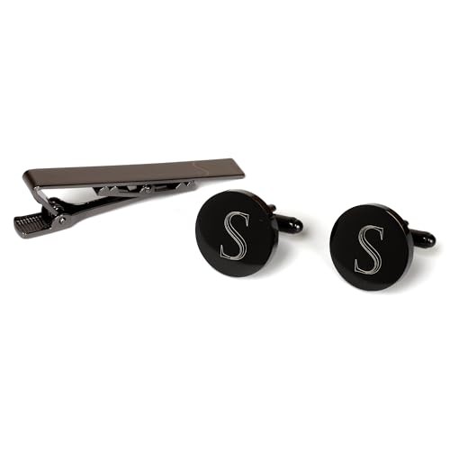 Mens Initial Cufflinks and Tie Clip A-Z Alphabet Letter Black Classic-S