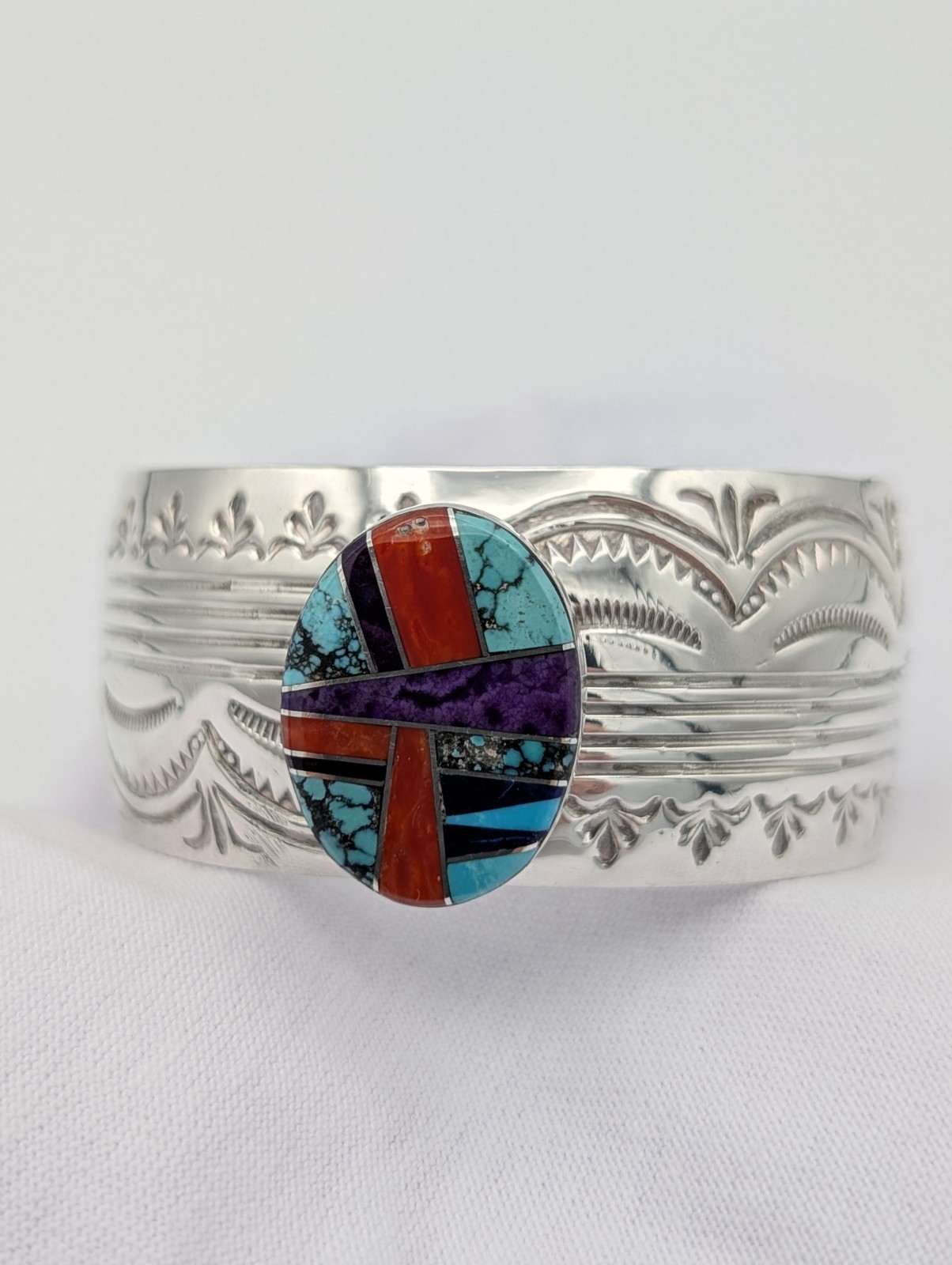 Vintage Navajo Sterling Silver Cuff Bracelet Turquoise Coral Sugilite Blackgoat