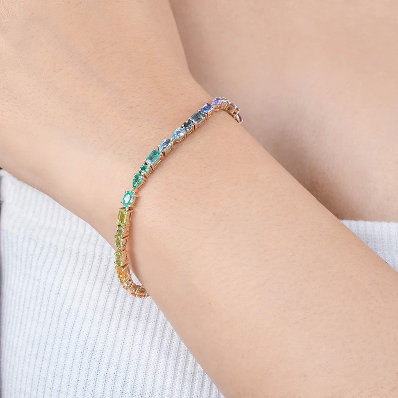 Multi Shape Rainbow Gemstone Tennis Bracelet In 14K Yellow Gold Handmade Jewelry