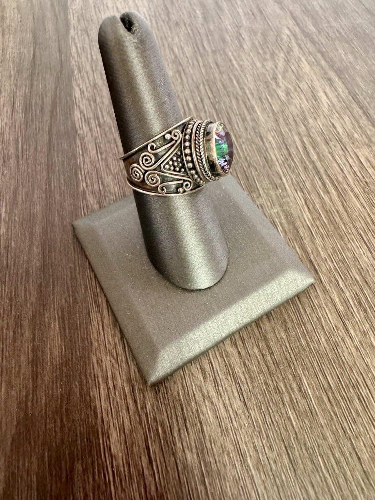 925 Sterling Silver Mystic Topaz Statement Ring Artisan Boho Scroll Size 8