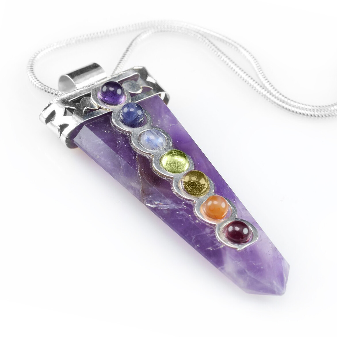 Amethyst Crystal Point 7 Chakra Gemstone Silver Pendant Necklace Reiki Healing
