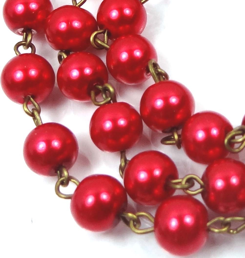40″ (3.3 feet) 8mm Red Glass Pearl Bead Antique Bronze Link Chain