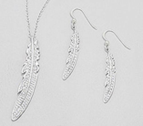 Solid Sterling Silver CZ Bird Feathers 18″ Long Chain Pendant Earrings Set 7.36g
