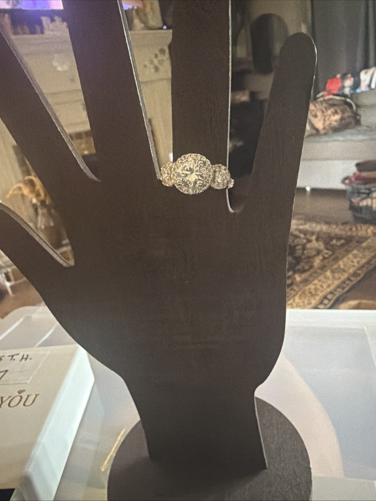 4.76Ctw Round Cut Glass Halo 3-Stone Engagement Ring White Gold Plated