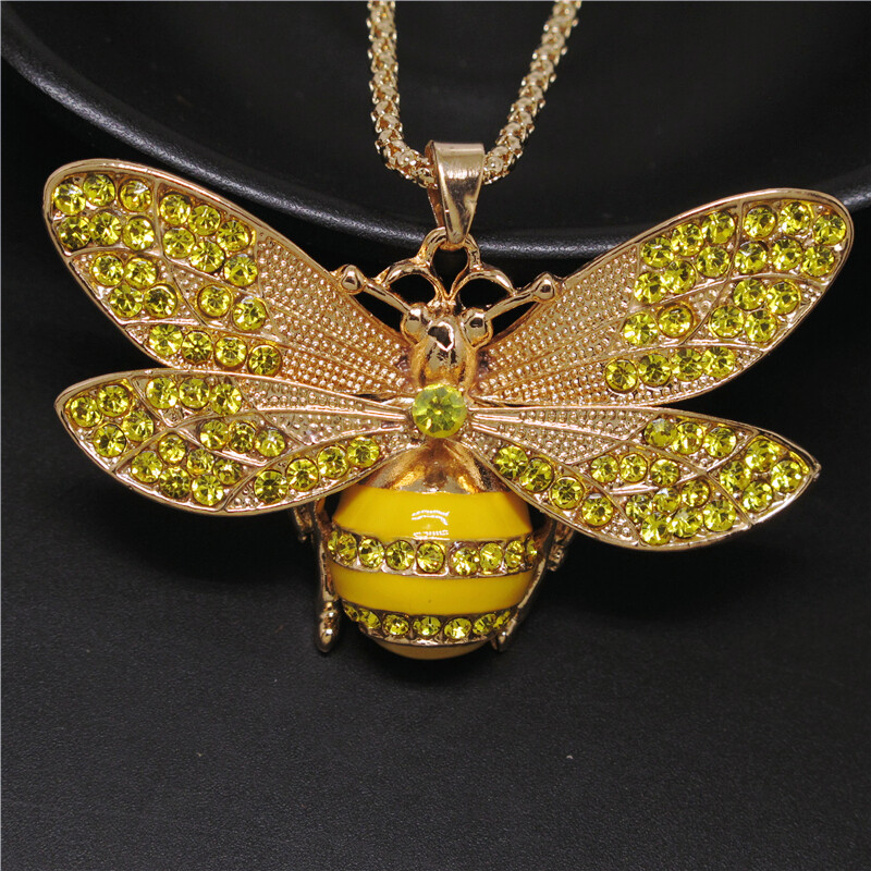 New Fashion Women Yellow Rhinestone Honey Insect Crystal Pendant Chain Necklace