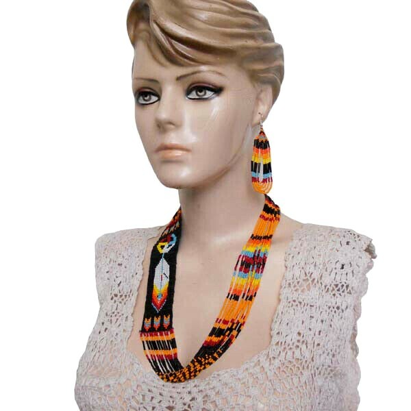 HANDCRAFTED NATIVE STYLE FEATHER MULTI-COLOR BEADED NECKLACE EARRINGS S53/7