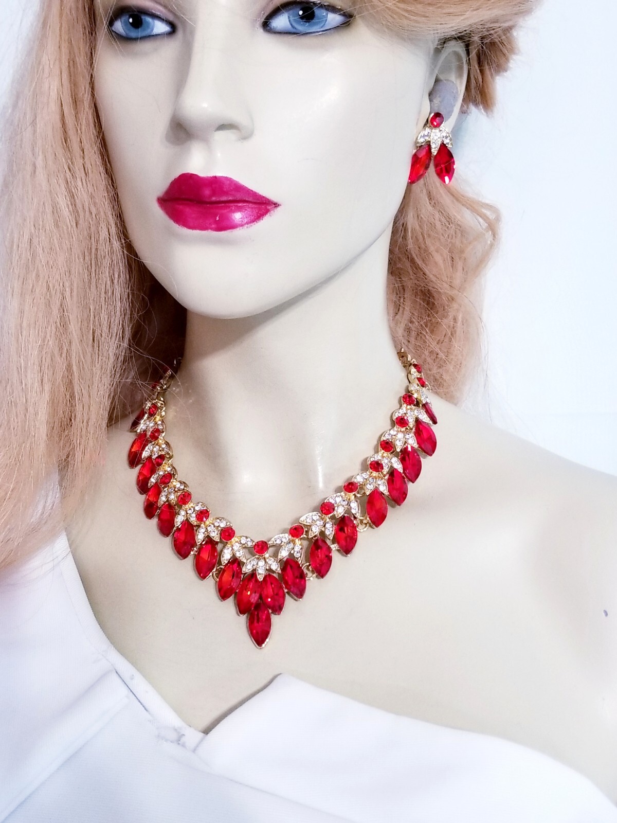 Red Crystal Choker Rhinestone Necklace Earring Set Bridal Prom Pageant