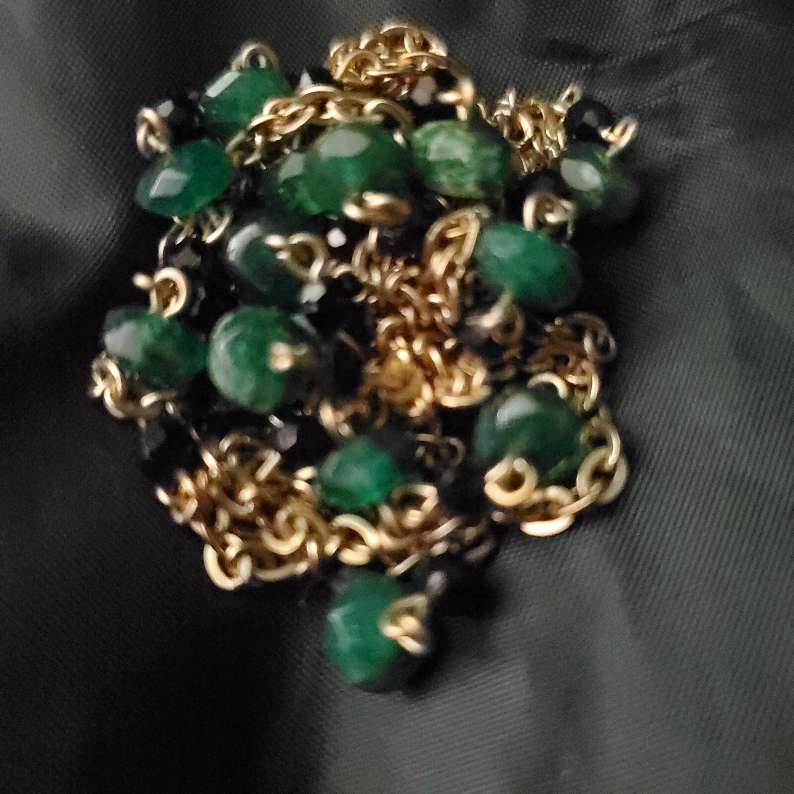 Vtg 48″! Jade & Black Crystal Necklace Gold Tone X-Long Versatile Classic Luxury
