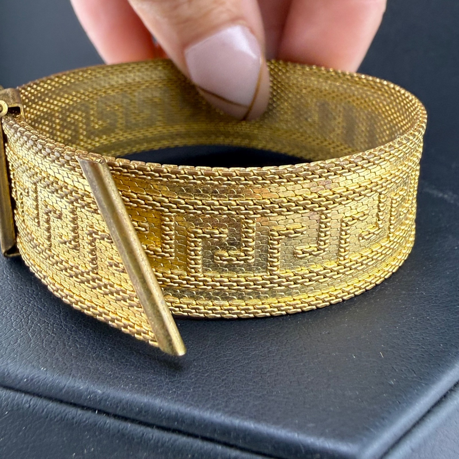 Vintage Greek Key Buckle Bracelet Wide Greece Gold Tone Adjustable 7.5”