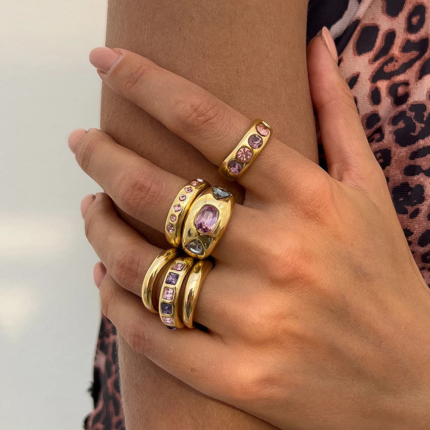 Purple Ring Set Simulated Zirconia Adjustable Open Band Womens Jewelry 6PCS