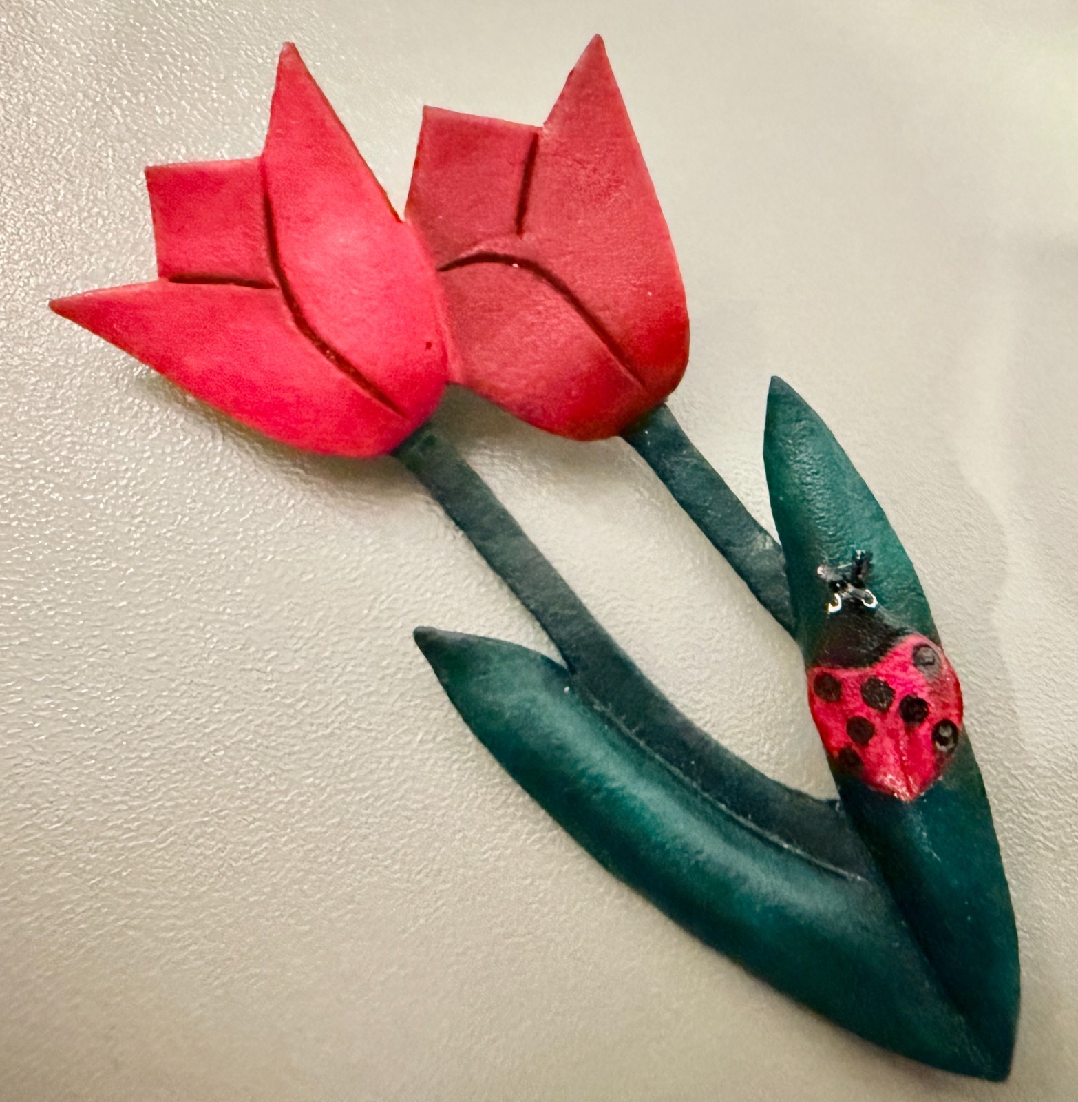 Vintage Brooch Lot of 5– Enamel, Faux Coral Cluster, Resin, Ceramic, Leather