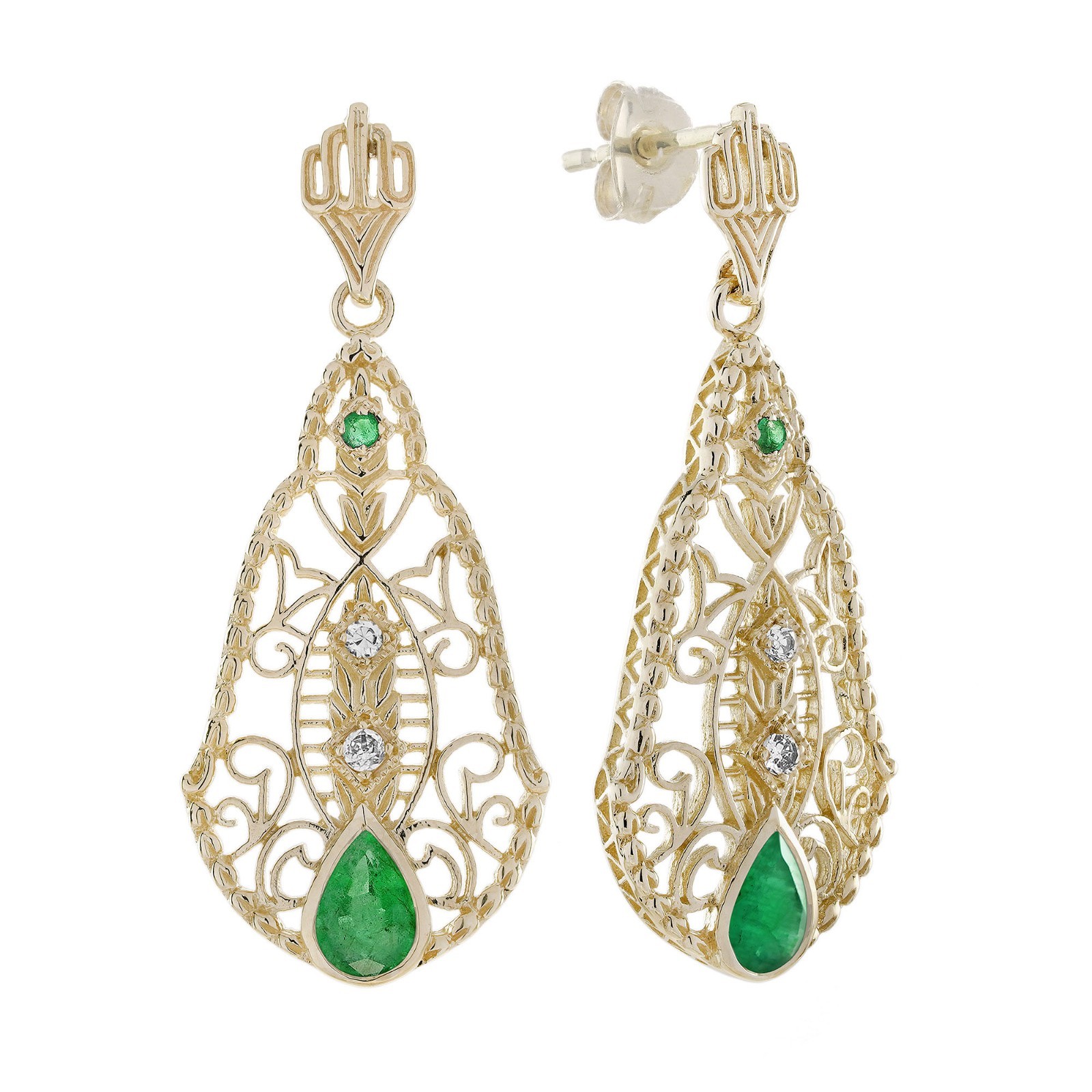 9K Yellow Gold Emerald Diamond Accent Teardrop Filigree Earrings