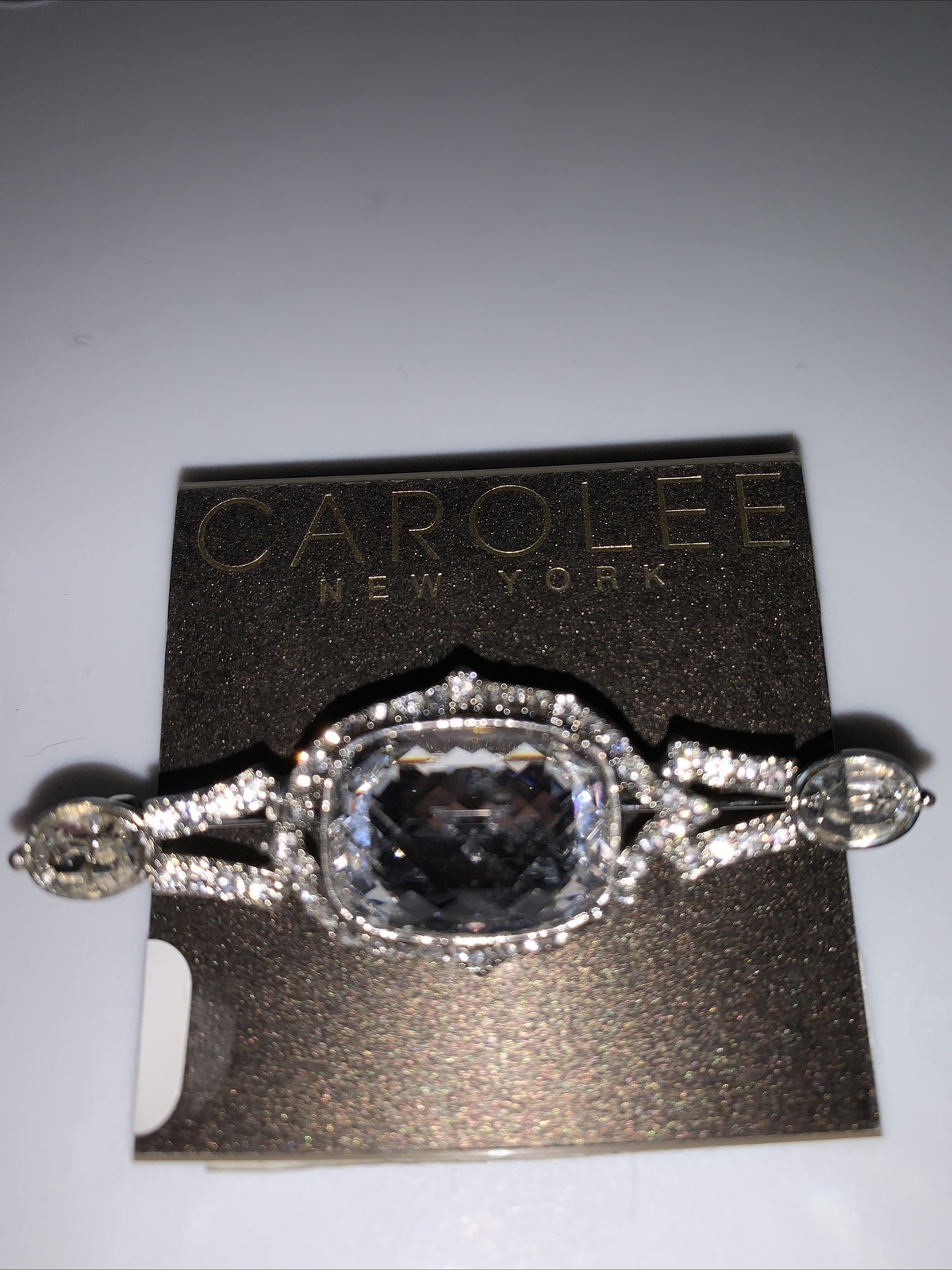 NWT Carolee silver tone crystal 2-1/4”x1” bar pin brooch signed CS404