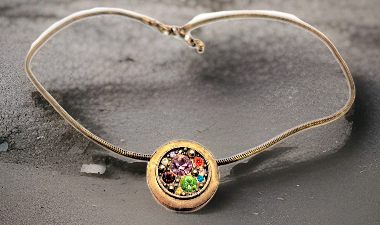 Vintage Patricia Locke Gold Tone Multicolor Crystal Necklace 16″