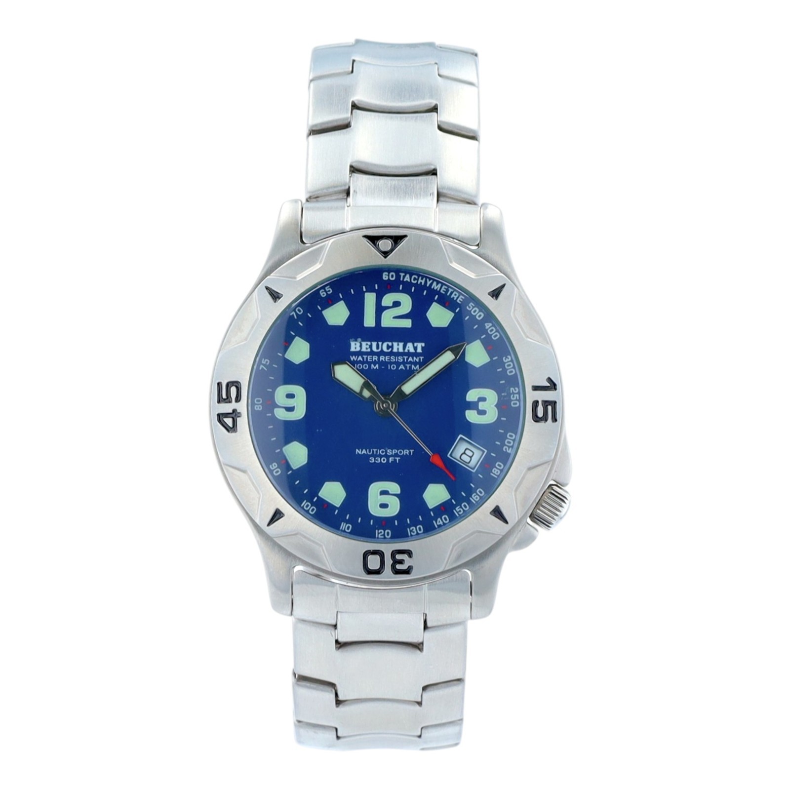 Beuchat Nautic Sport Mens Watch Blue Dial Swiss Steel 100M Diver Date Quartz