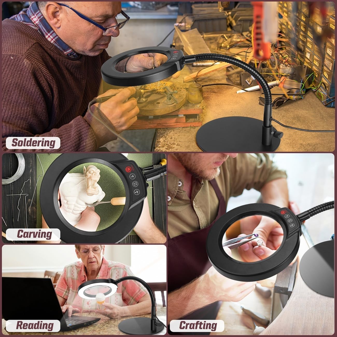 Precision 10X Magnifying Lamp with Goose-Neck & Stepless Dimming for Detail Work