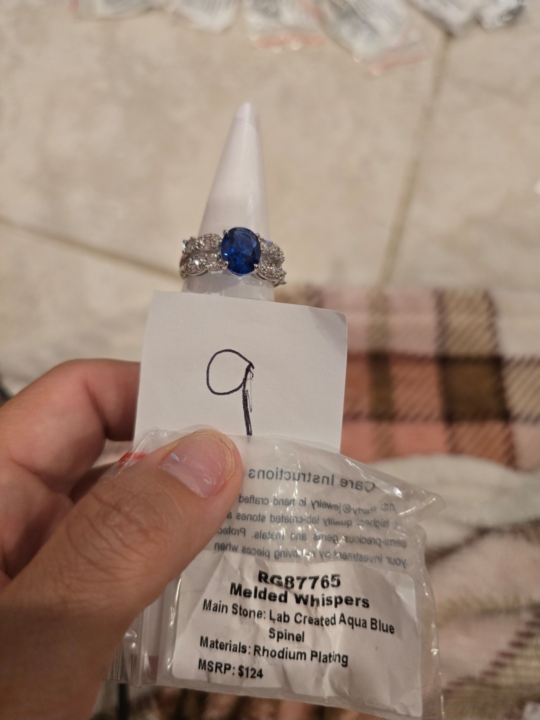 Rhodium Plated Lab-Created Aqua Blue Oval Spinel Prong Ring Size 9 RG87765