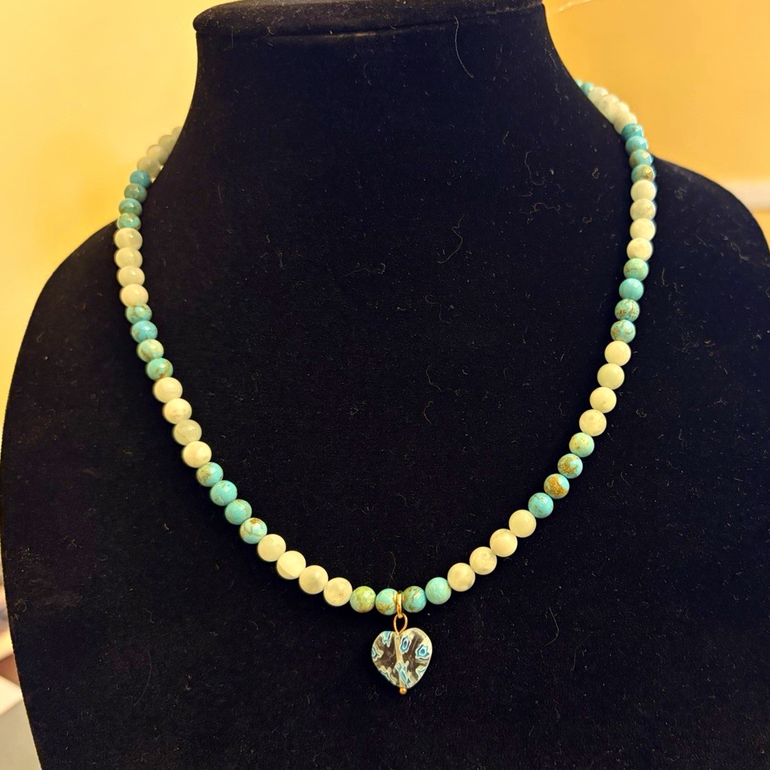 Blue Magnesite, Turquoise Round And Moonstone Round With A Charm Of Glass Heart