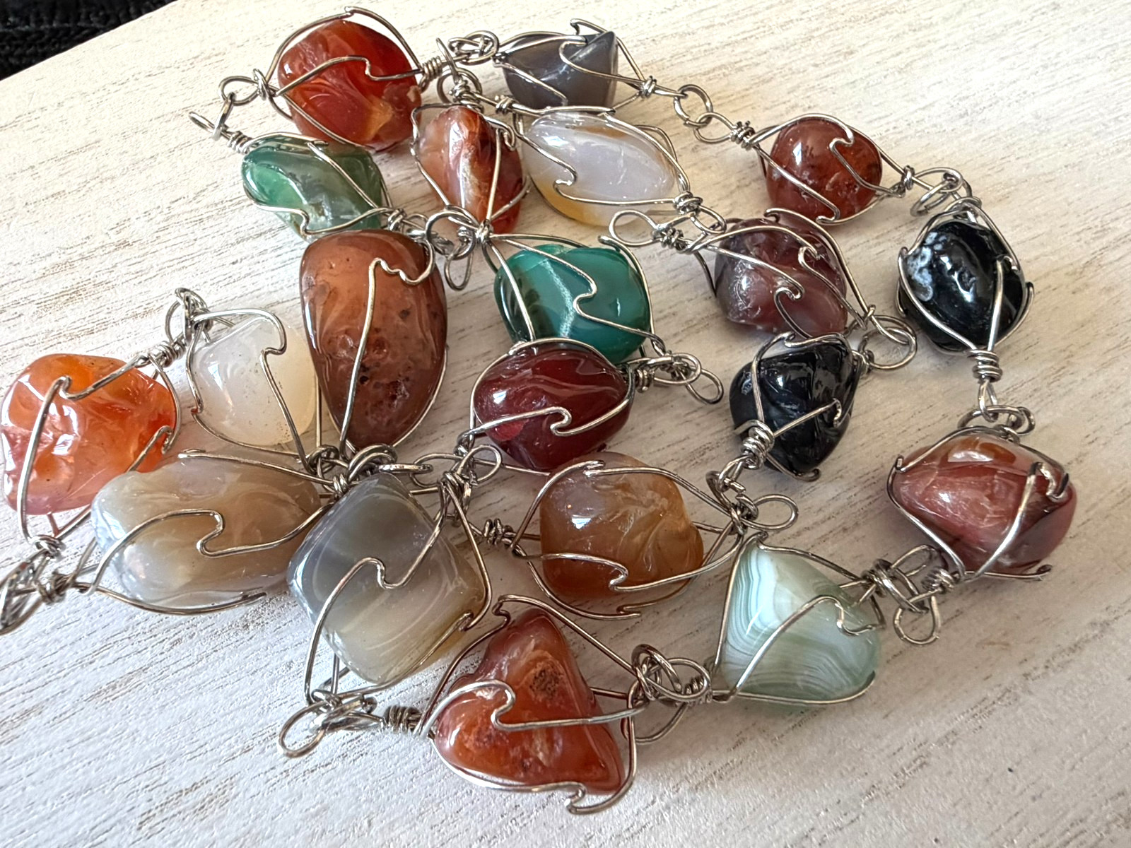 Artisan Wire Wrapped Natural Gemstone Necklace 34″ Endless Large Stone Statement