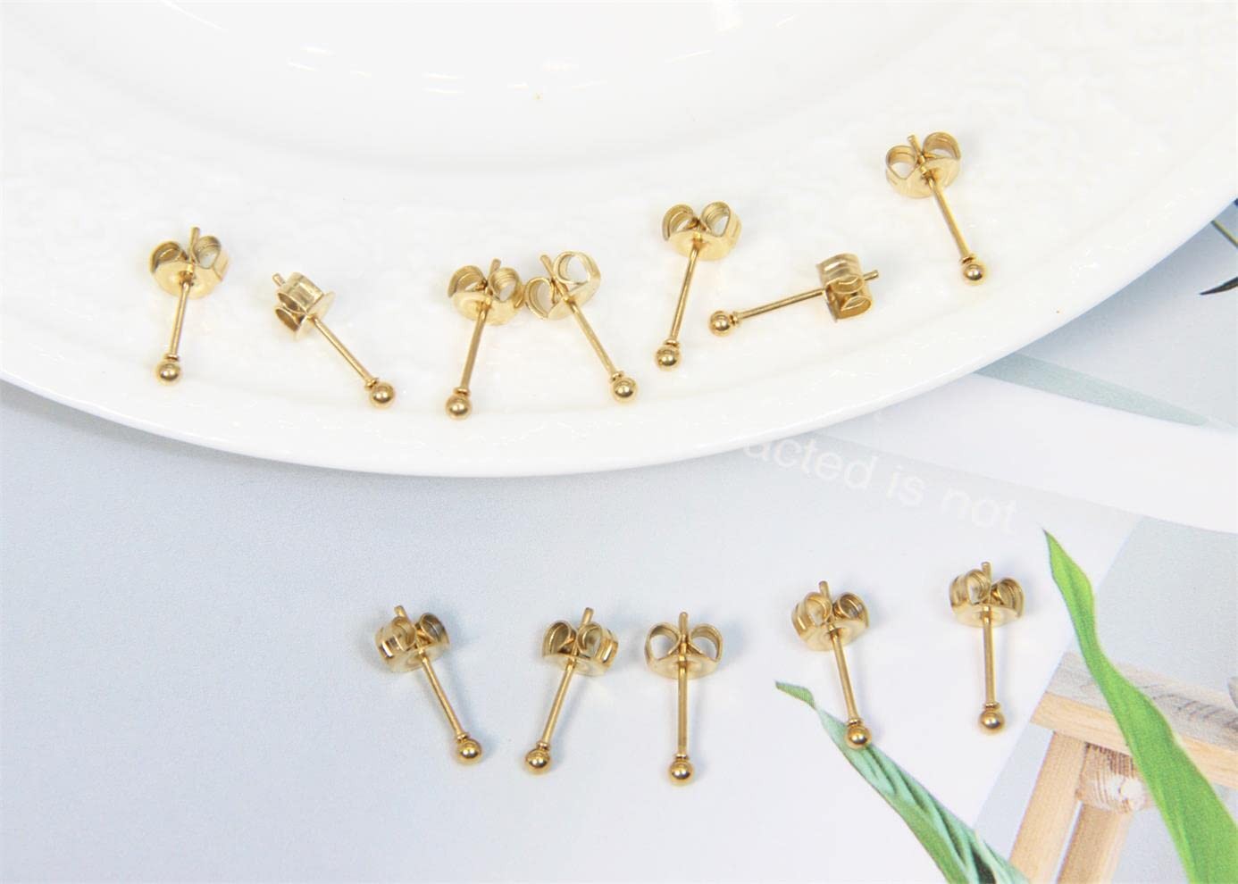 12Pcs 2MM Tiny Ball Stud Earrings, 20G Hypoallergenic Surgical Steel Small Gold