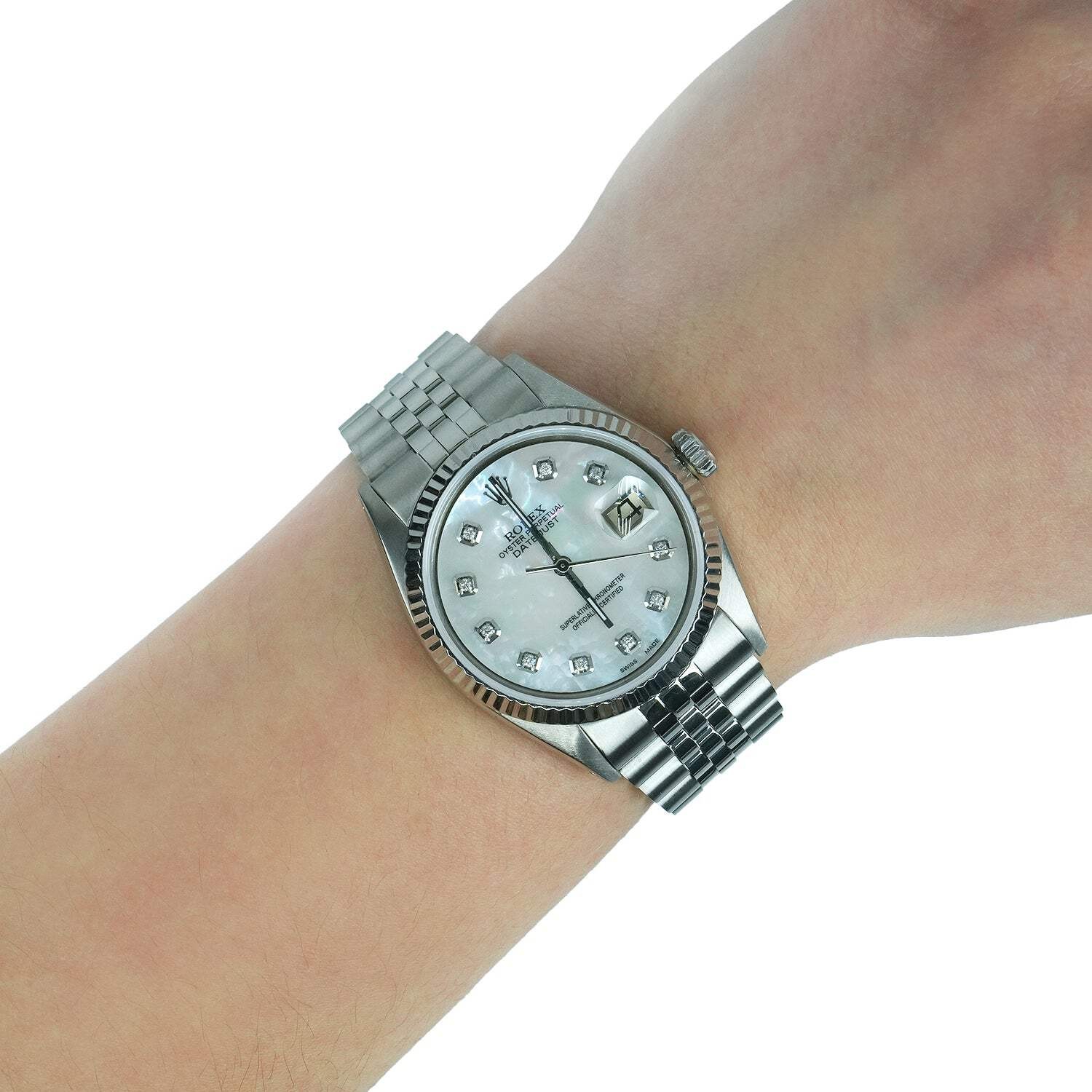 Rolex Datejust 1601 36mm 18K White Gold Bezel White MOP Dial Jubilee Steel Watch