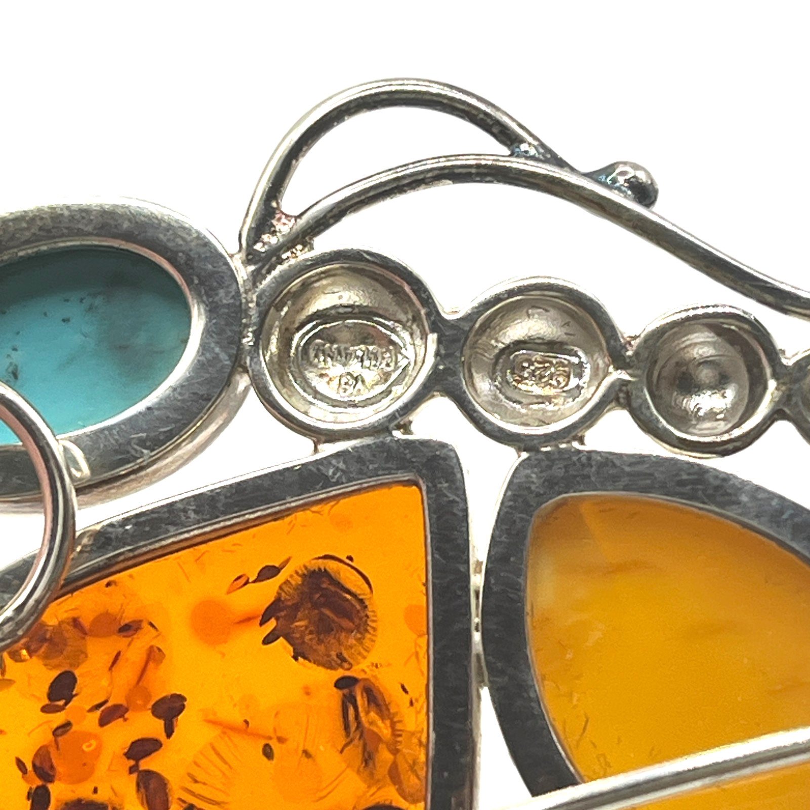 Brooch Valerio V8 Poland Baltic Amber Turquoise Butterfly 80s VTG Sterling 925