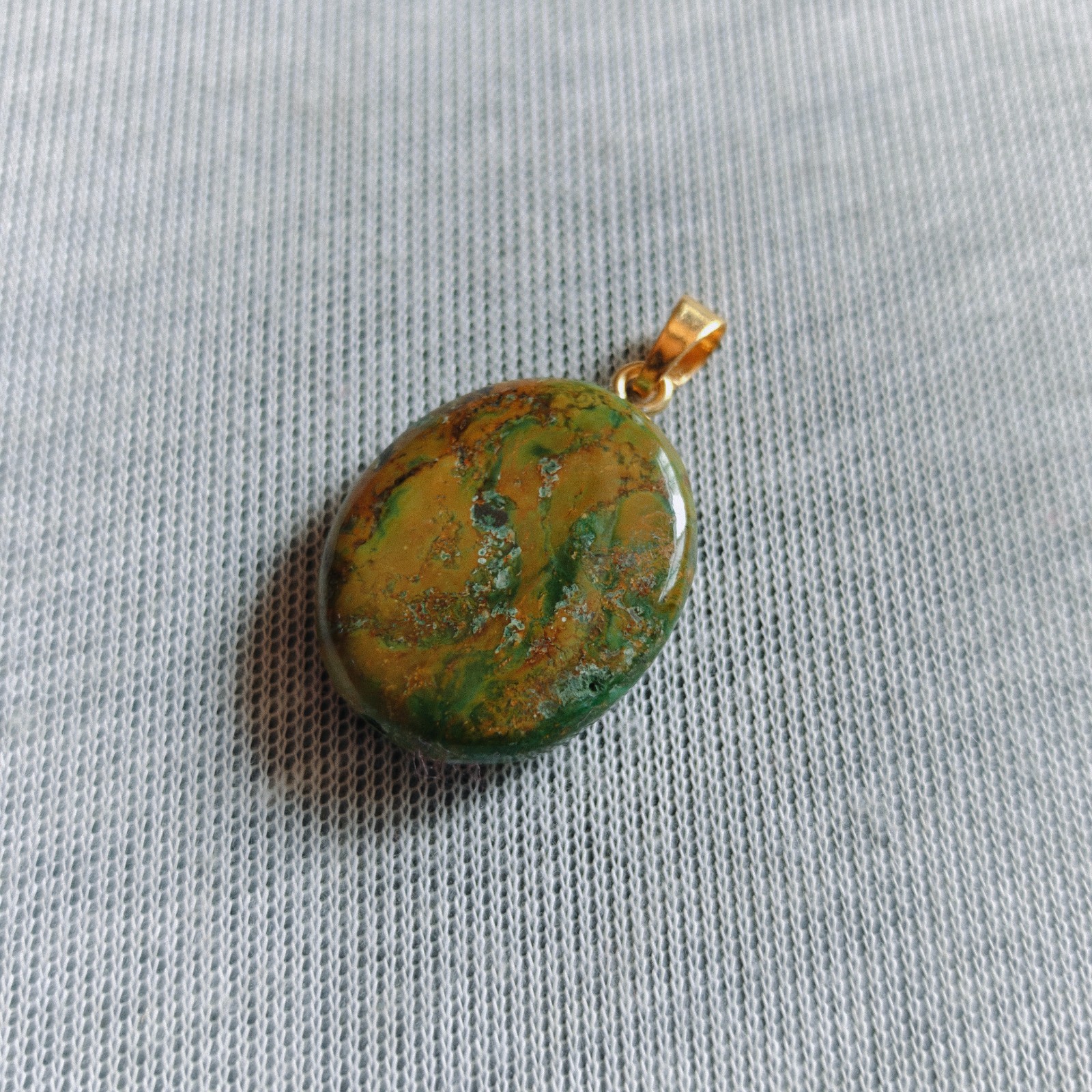 Natural Green Tibetan Turquoise Oval Bead Brass Pendant Handmade Boho Gift