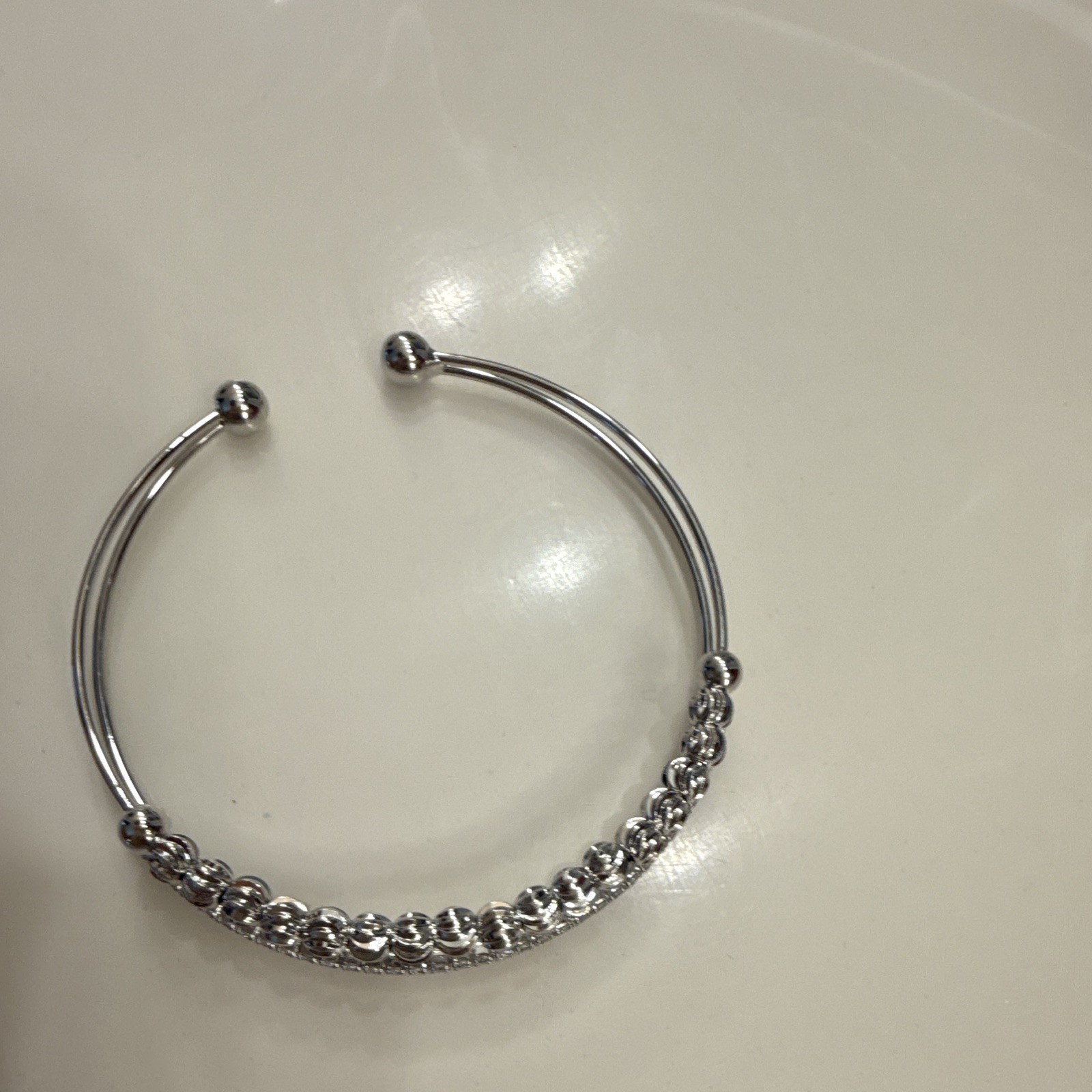 Silver Tone Open Cuff Bangle Bracelet, Clear Round Rhinestones, Prong Set
