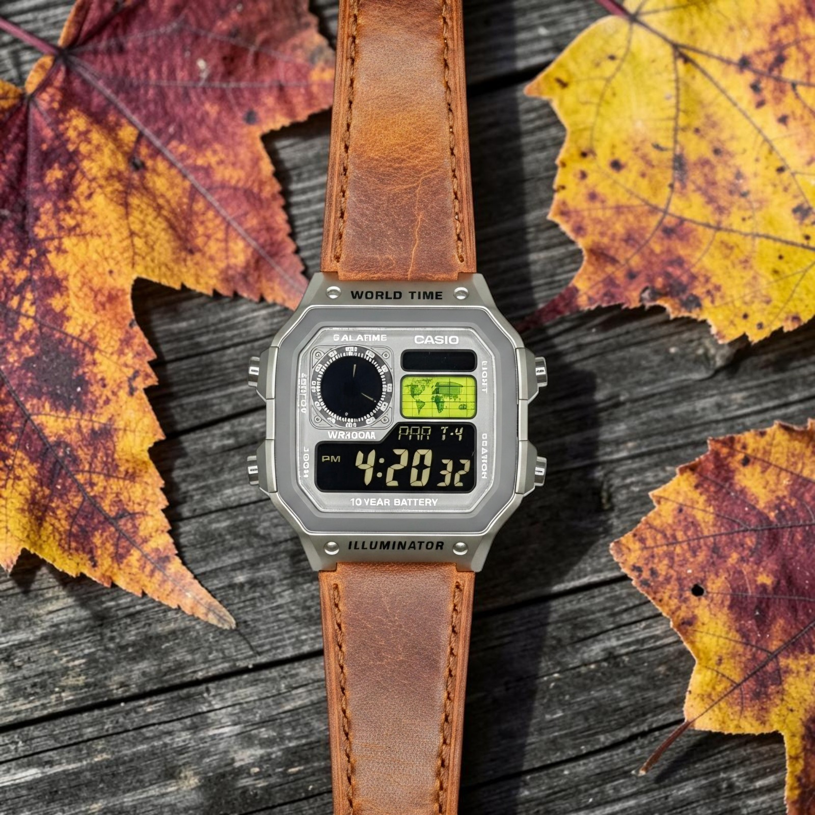 Silver CASIO AE-1200WHD. Royale Watch Mod. Negative Display. Green World Map