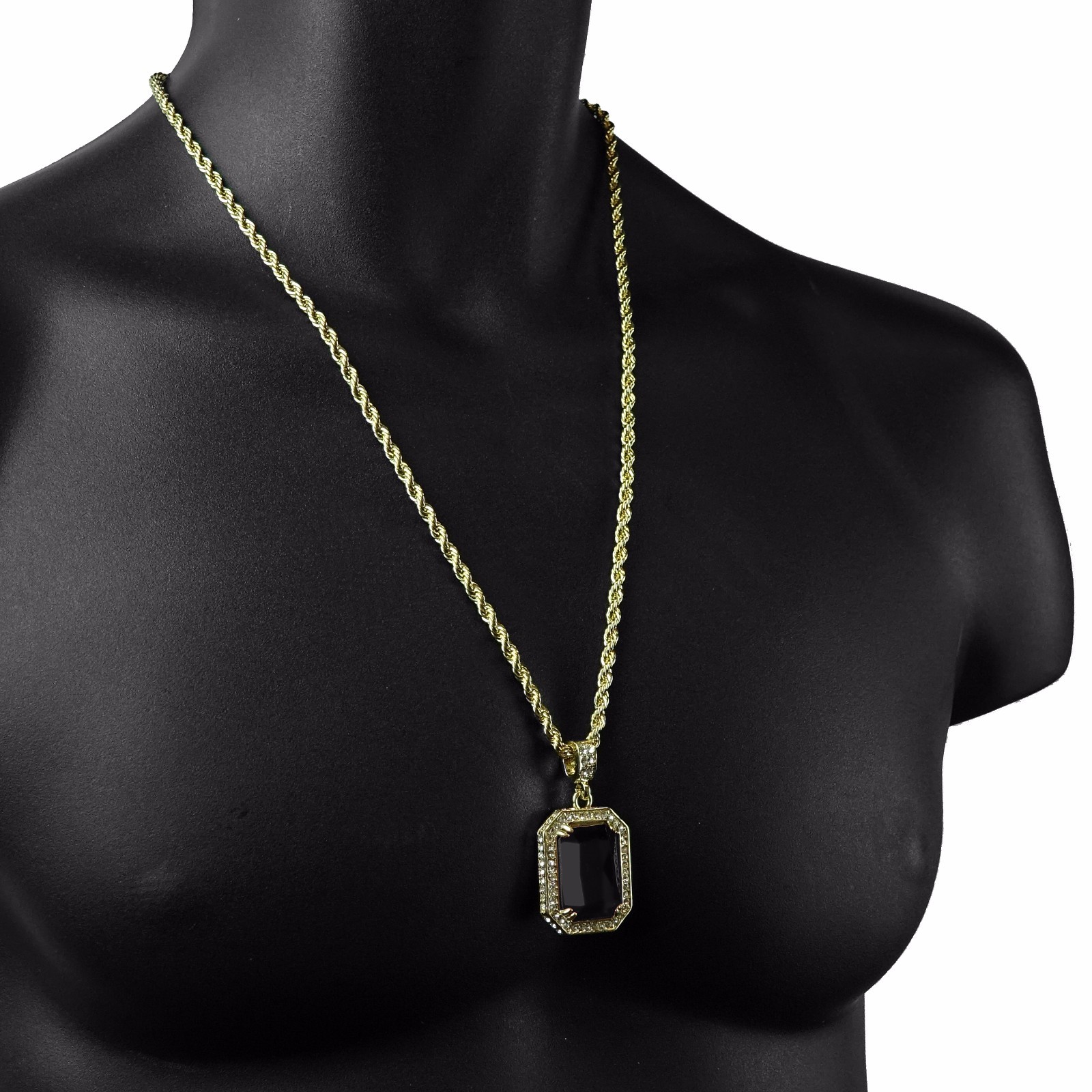 Mens Hip Hop 14k Gold Plated Cubic-Zirconia Fashion Pendant 24″ Rope Chain BK