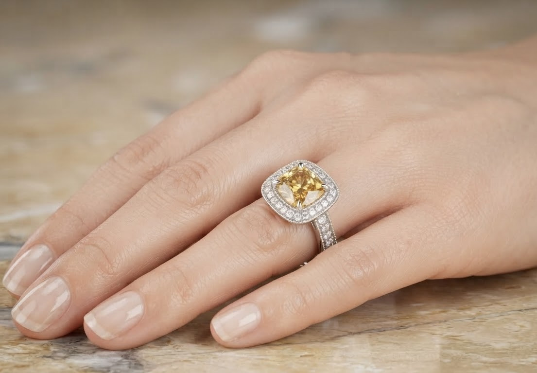 Natural Yellow Sapphire & Diamond 3.70 Ct Cushion Cut Solid 18K White Gold Ring