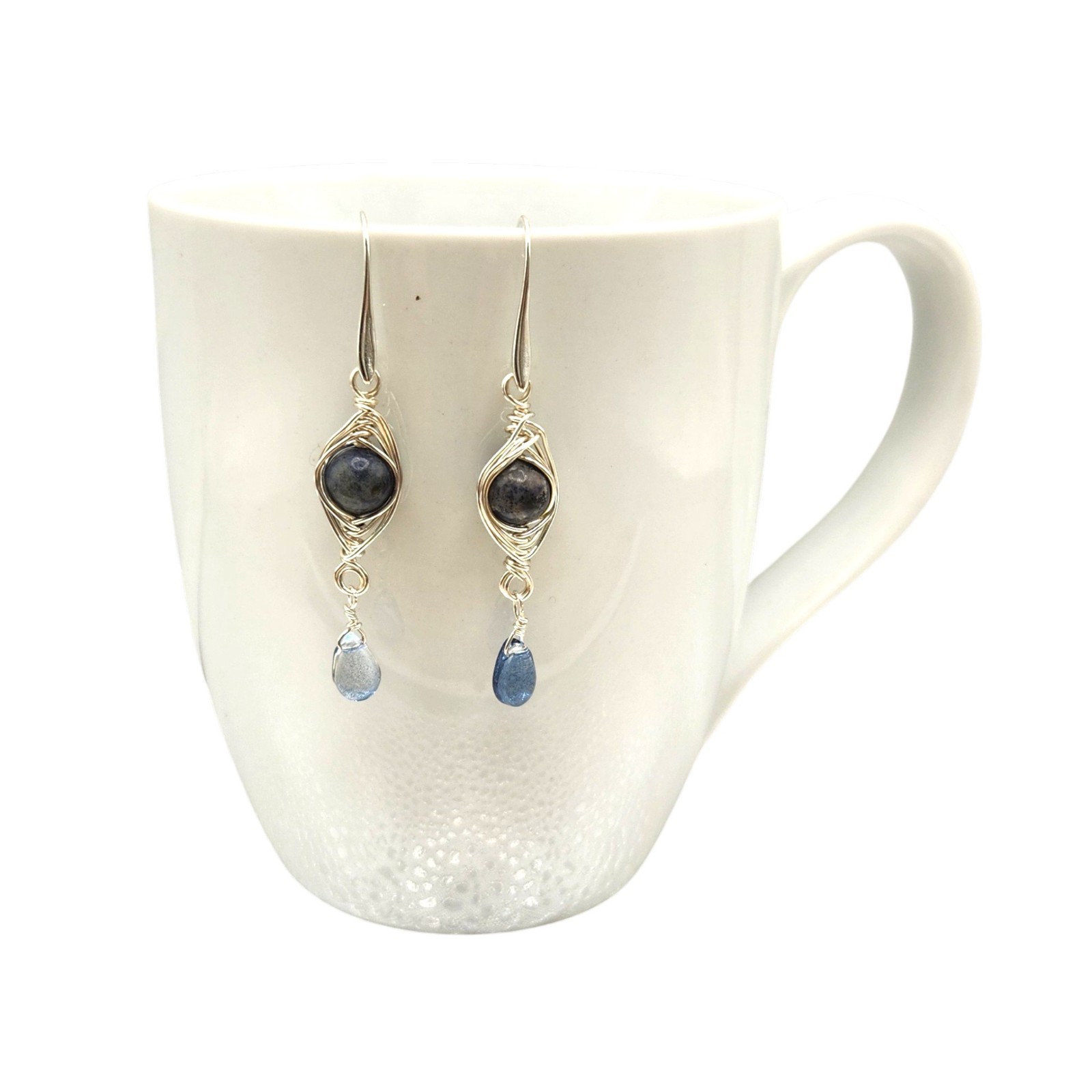 Handmade Stone Herringbone Wire Wrapped Dangle Earrings Gold Silver Bronze
