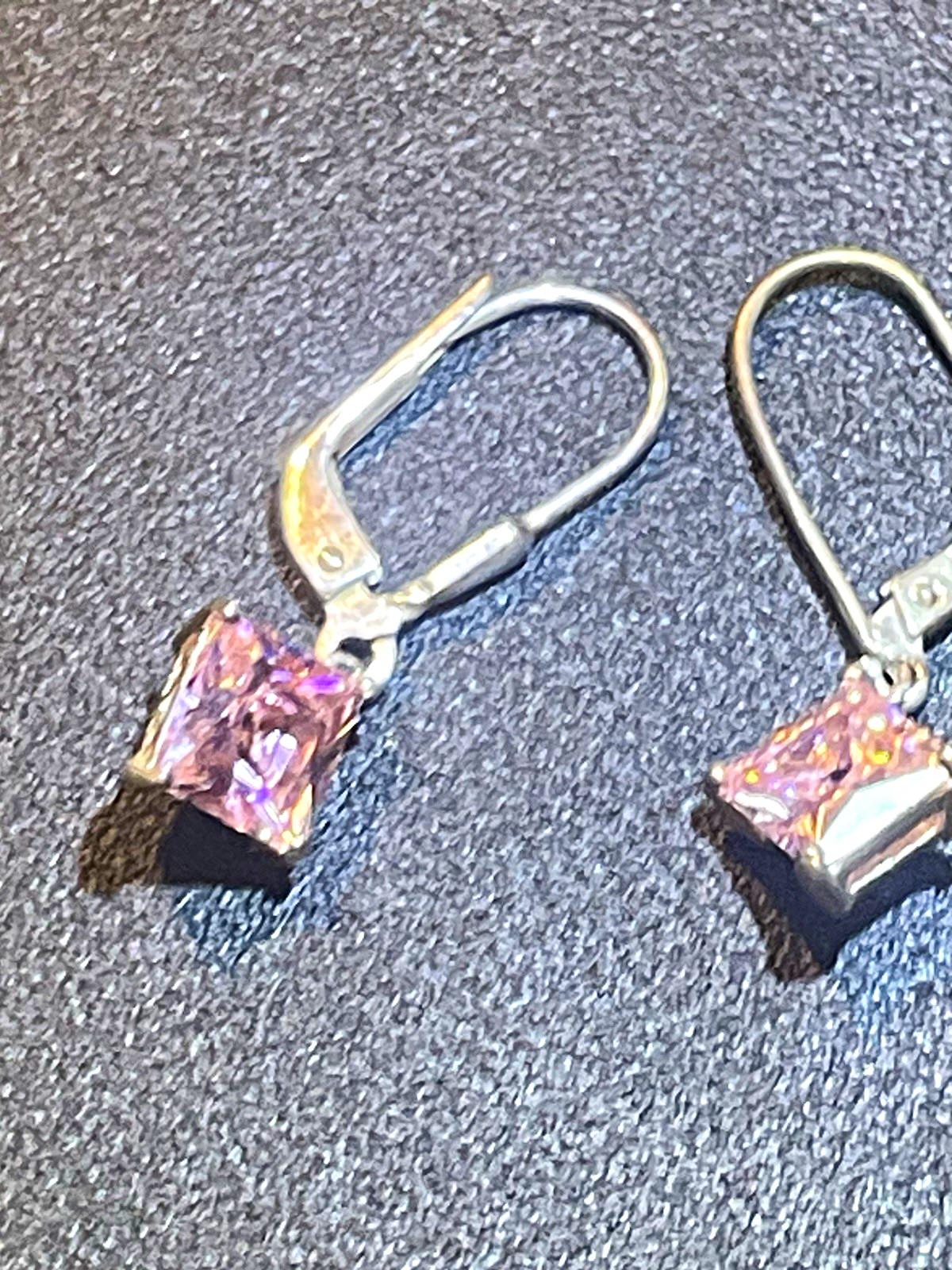 925 Sterling Silver Pink Princess Crystal Dangle/Drop Earrings Leverback Signed