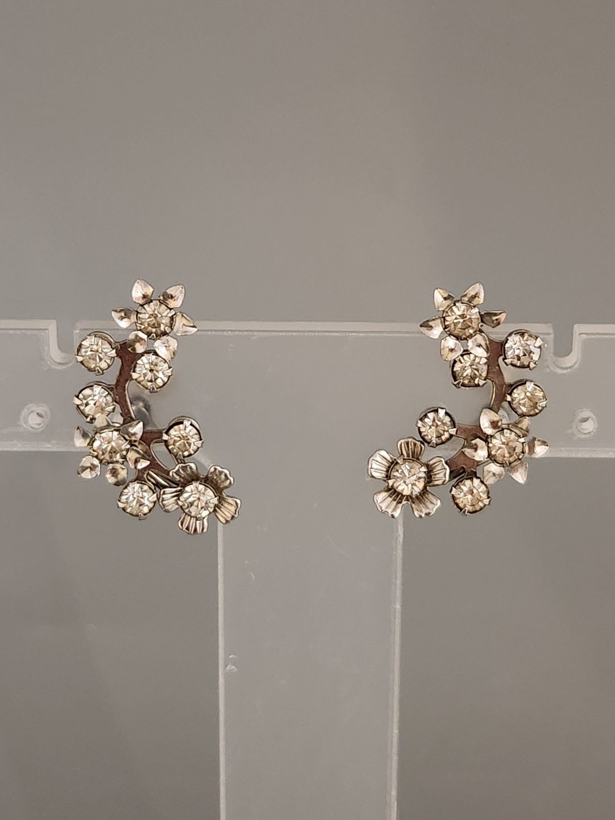 Vintage Flower Rhinestone Climber Earrings Screw Back Mid-Century Statement