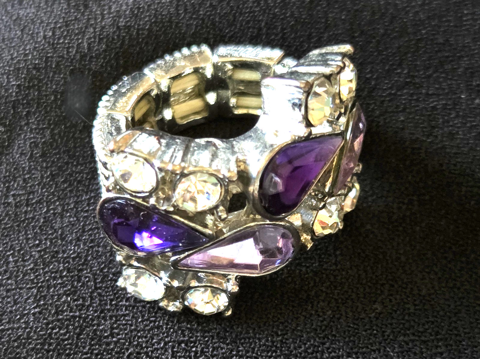 Vintage Purple and Lavender Rhinestone Crystals Ring Silver Stretch One Size