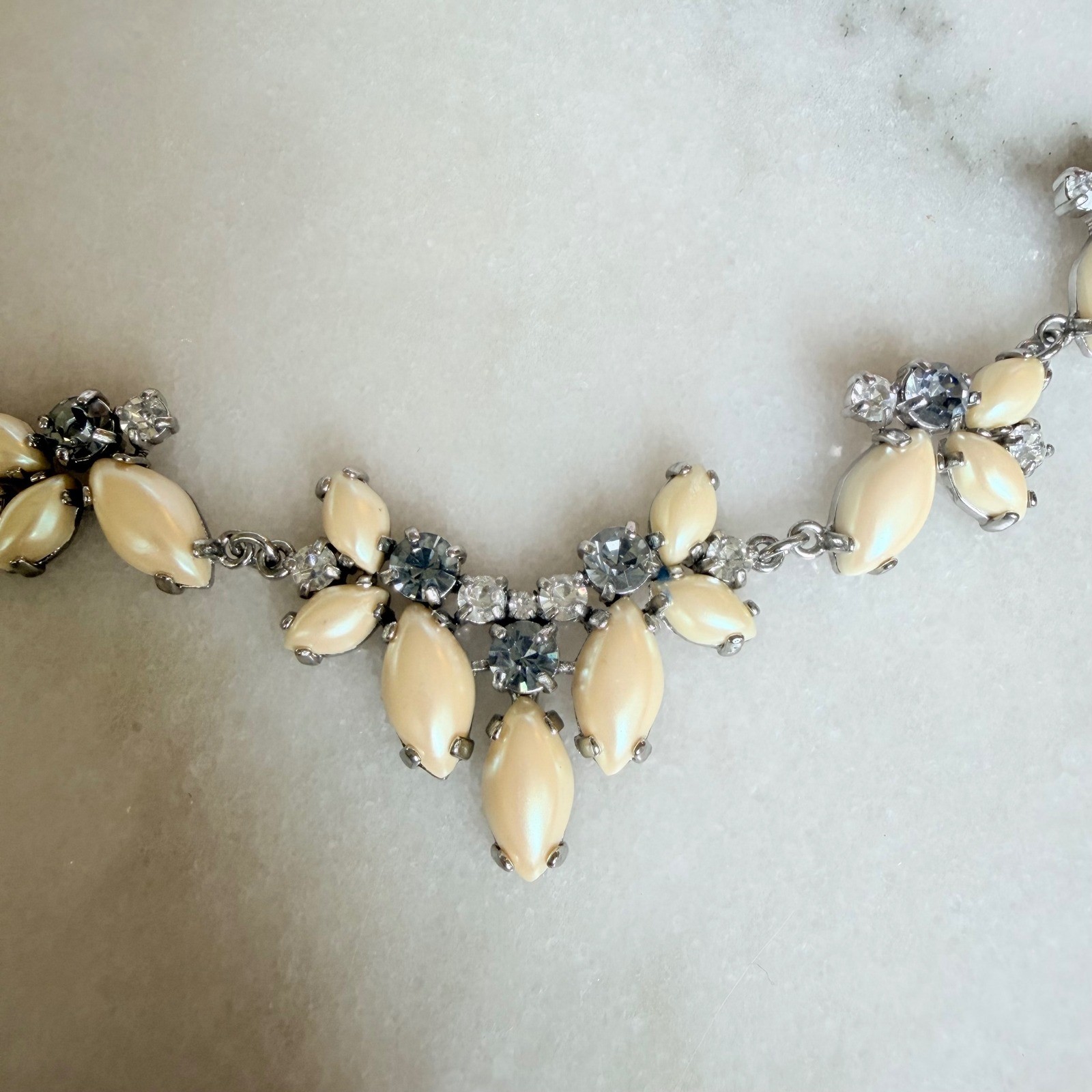 Ann Taylor Silver Tone Faux Pearl Crystal Statement Necklace Grey Cream Floral