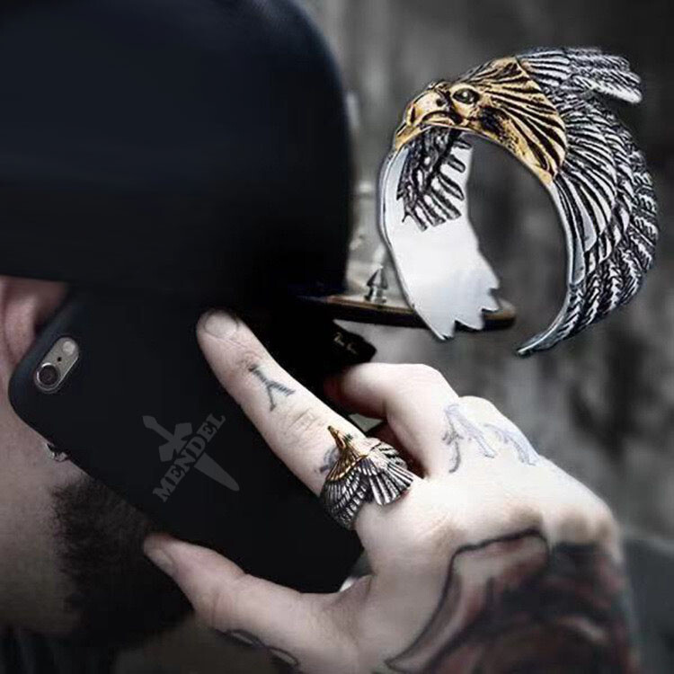 MENDEL Mens Stainless Steel Gold Plated Eagle Head Bird Biker Ring Men Size 7-15