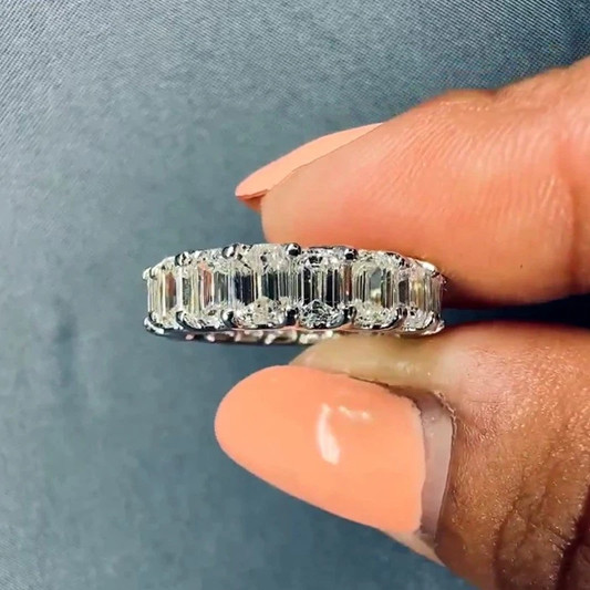 7.5Ctw Emerald Moissanite Full Eternity Wedding Band 14k White Gold Plated