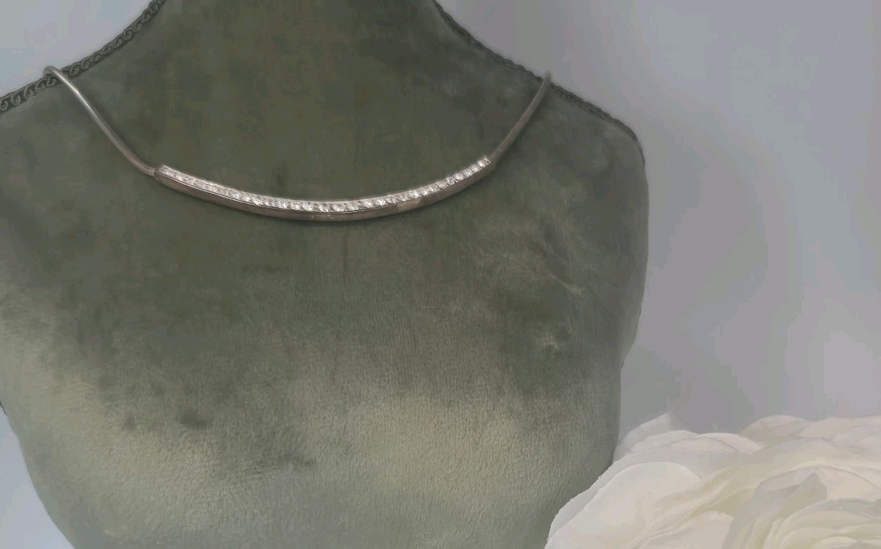 Vintage Necklace Curved 3″ Bar Small Pavé-set Stones on Rope Chain • Silver Tone
