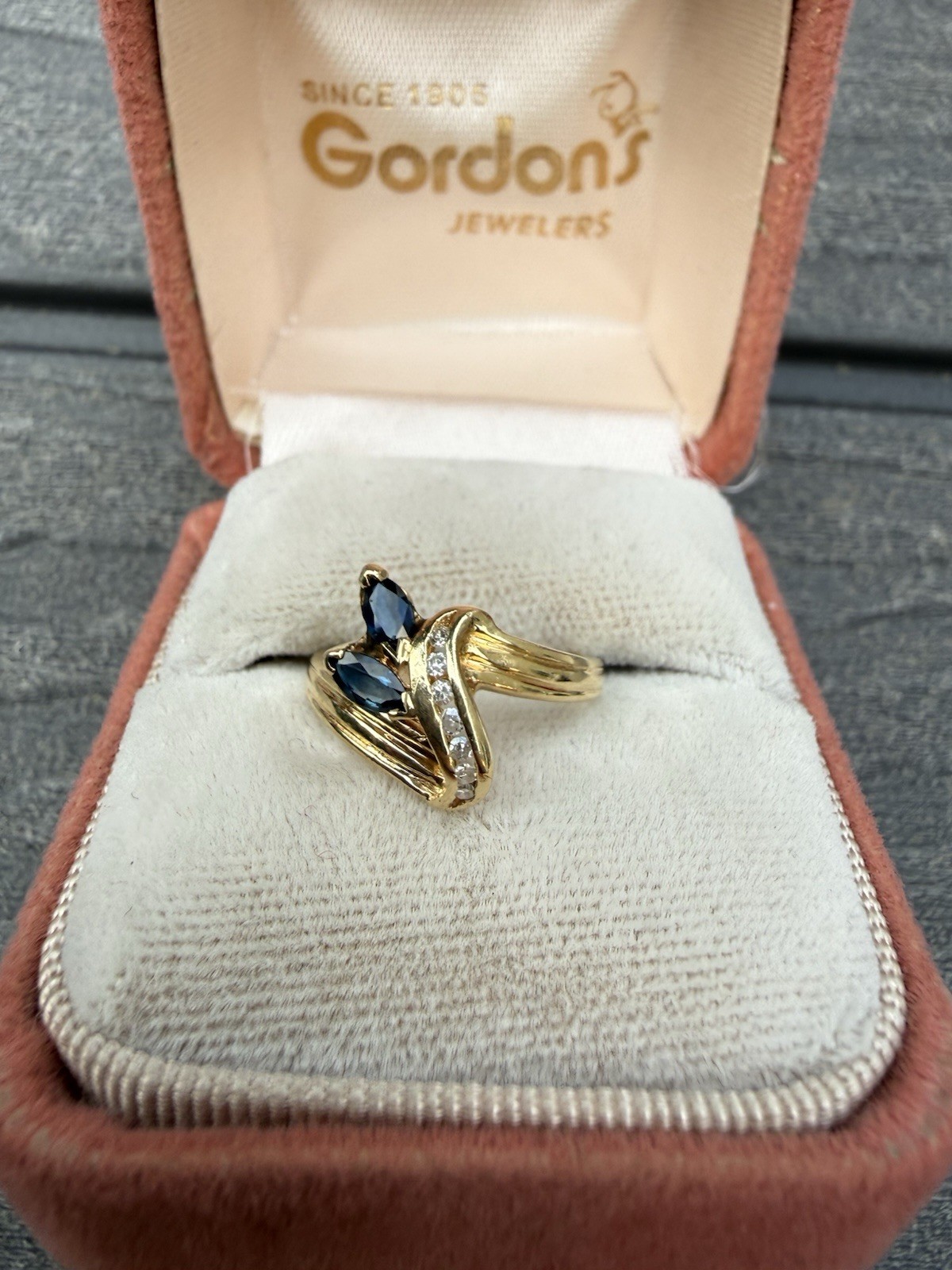 Vintage 14k Yellow Gold Channel Diamond And Marquise Sapphire Bypass Ring Sz4.5
