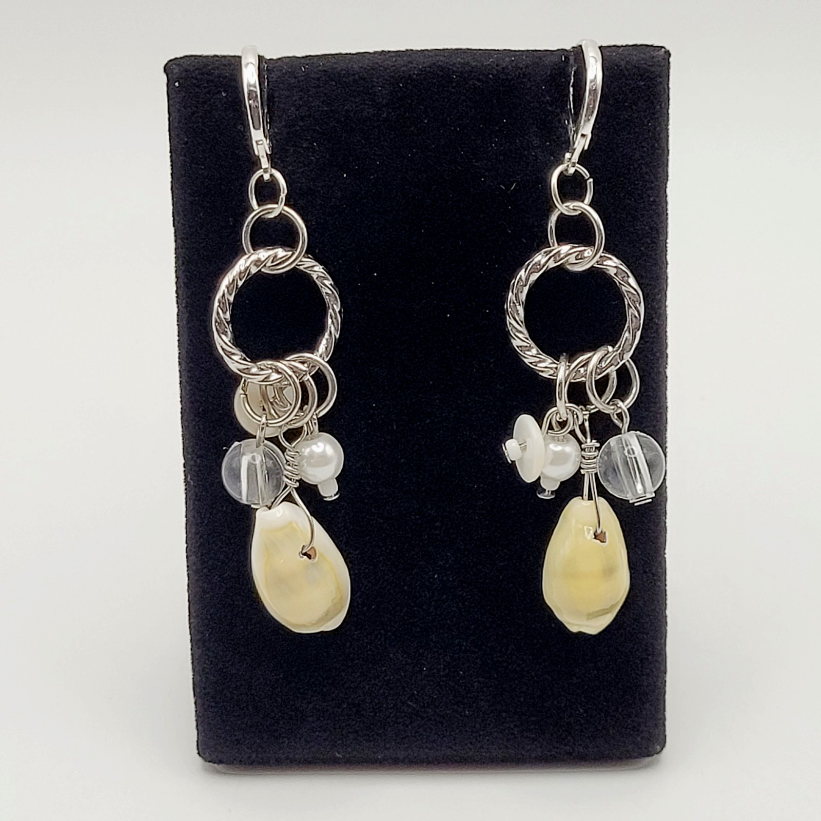 Handcrafted Boho Cowrie Shell Dangle Earrings Silver Tone Cluster Beaded Coastal