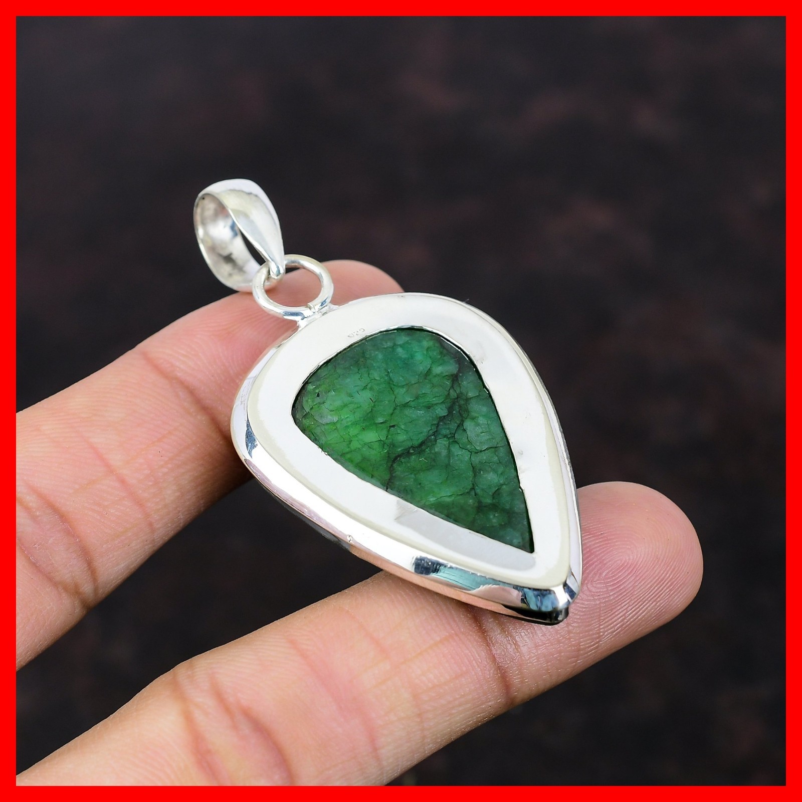 Sterling Silver Pear Zambian Emrald Stone Engagement Wedding Bezel Wife Pendant