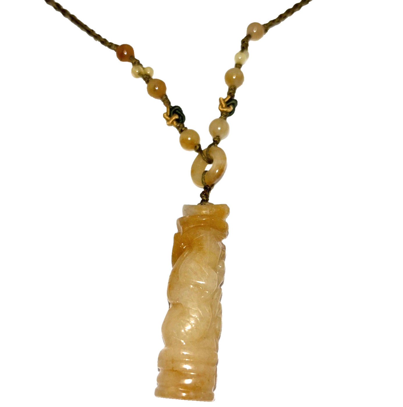 Macrame Genuine Carved Yellow Jadeite Necklace Adjustable Slide Knot 2″ Pendent