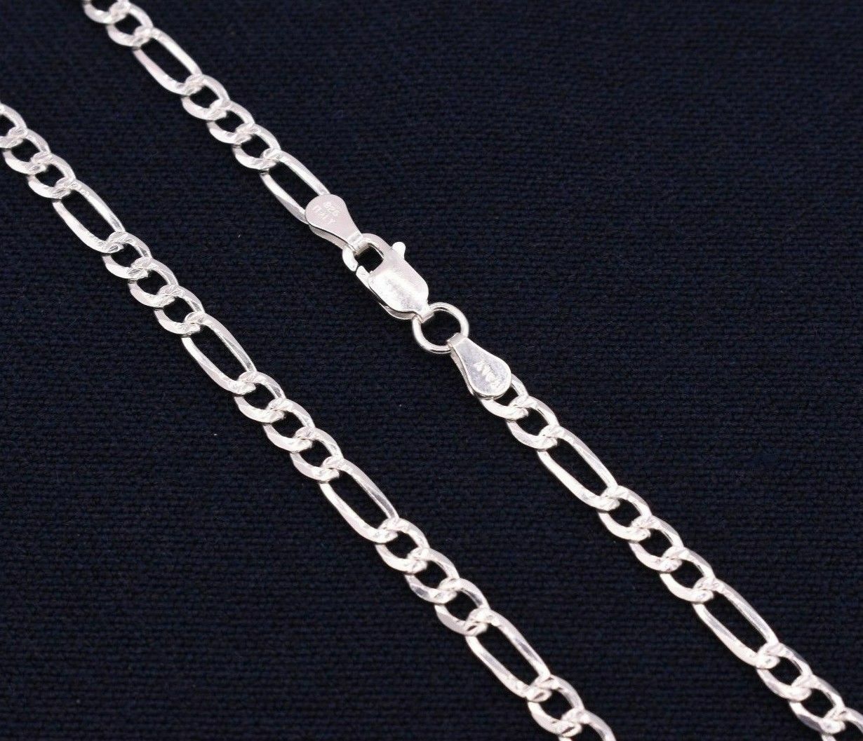 4mm Italian Figaro Pave Diamond Cut Link Chain Necklace Real Sterling Silver 925
