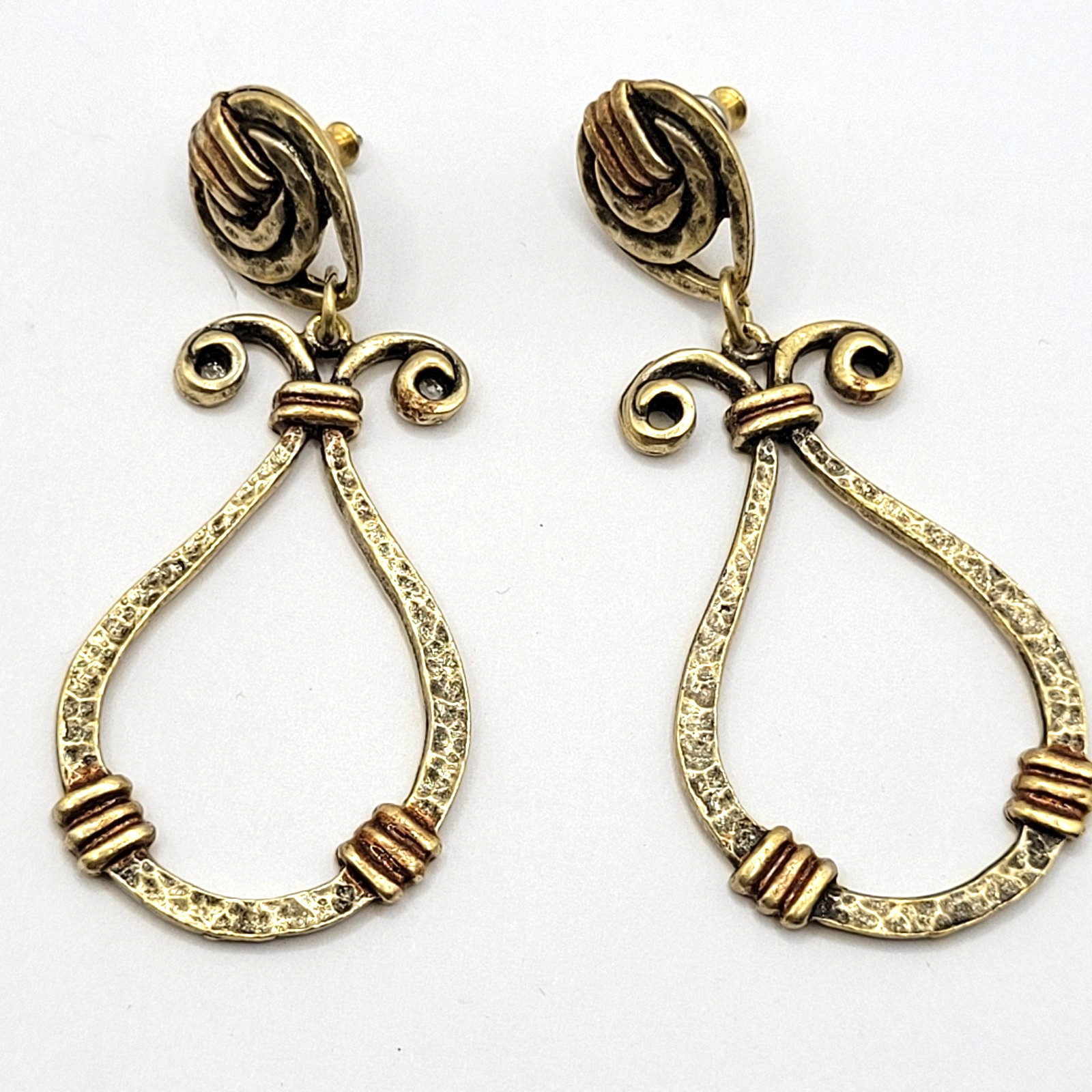 Modern Geometric Loop Hammered Look Ornate Stud Mix Metal Tone Pierced Earrings